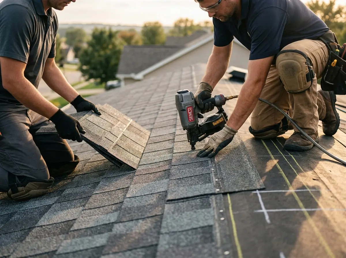 Professional roofer working on a residential roof in Vernal